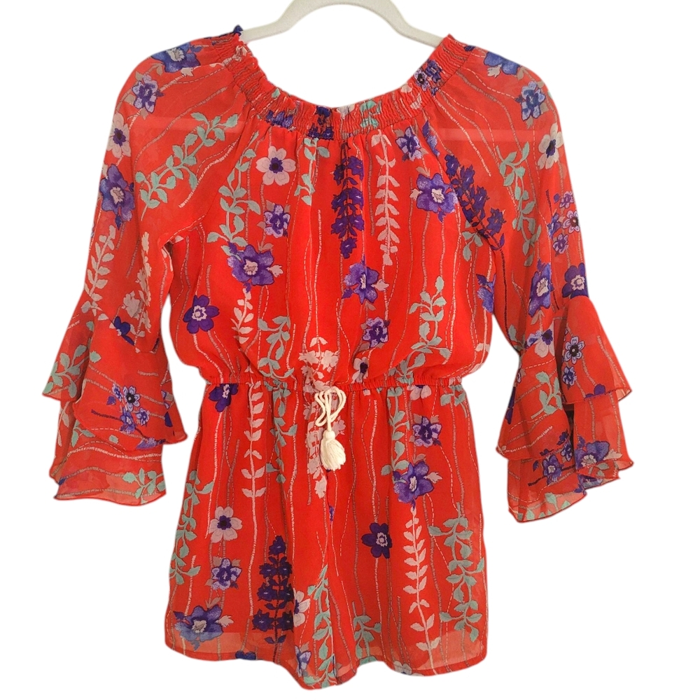 Truly Me by Sara Sara Red Floral Romper 3/4 Flutter Sleeves Elastic Waistband 8